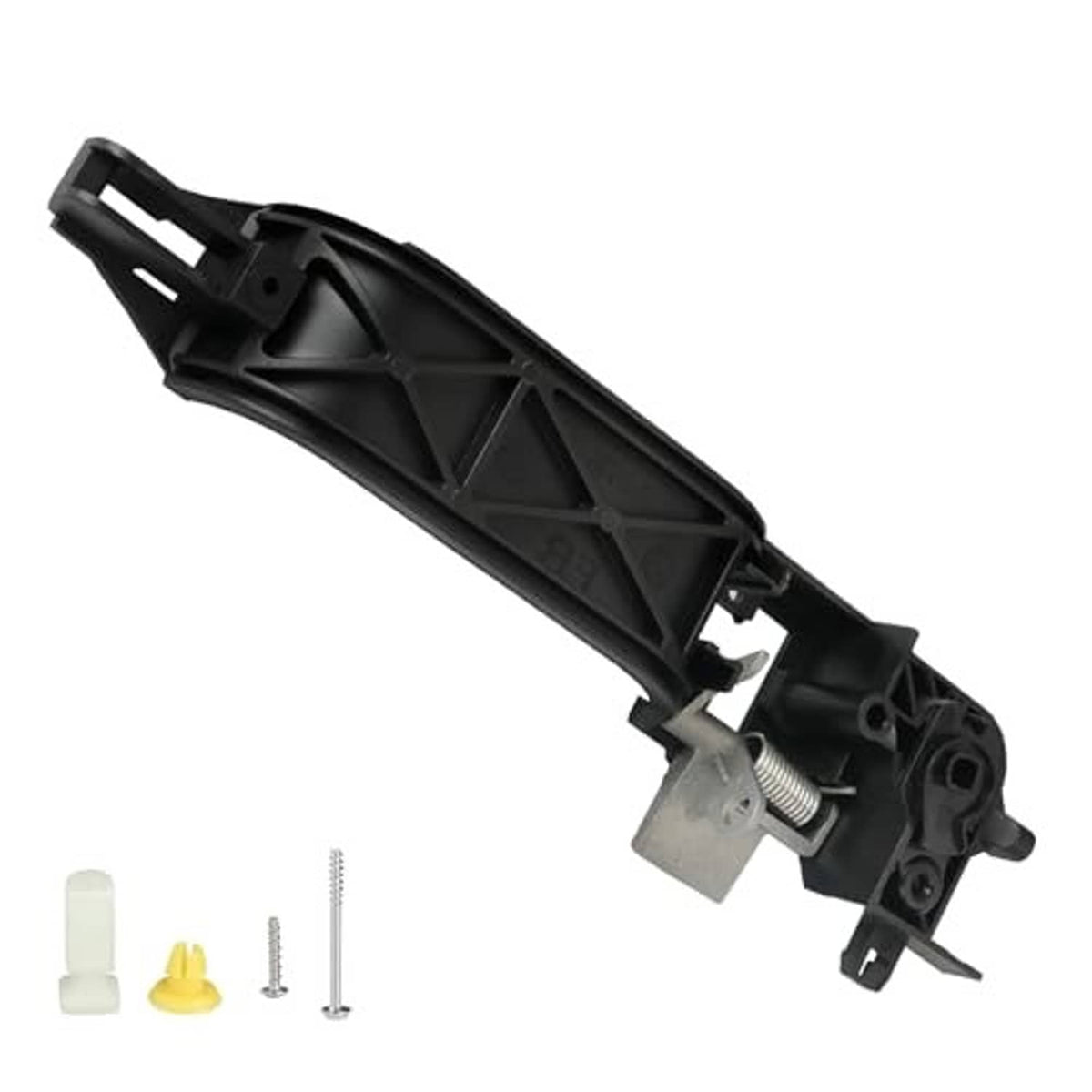 Black exterior door handle reinforcement plate underside with spring mount and screws
