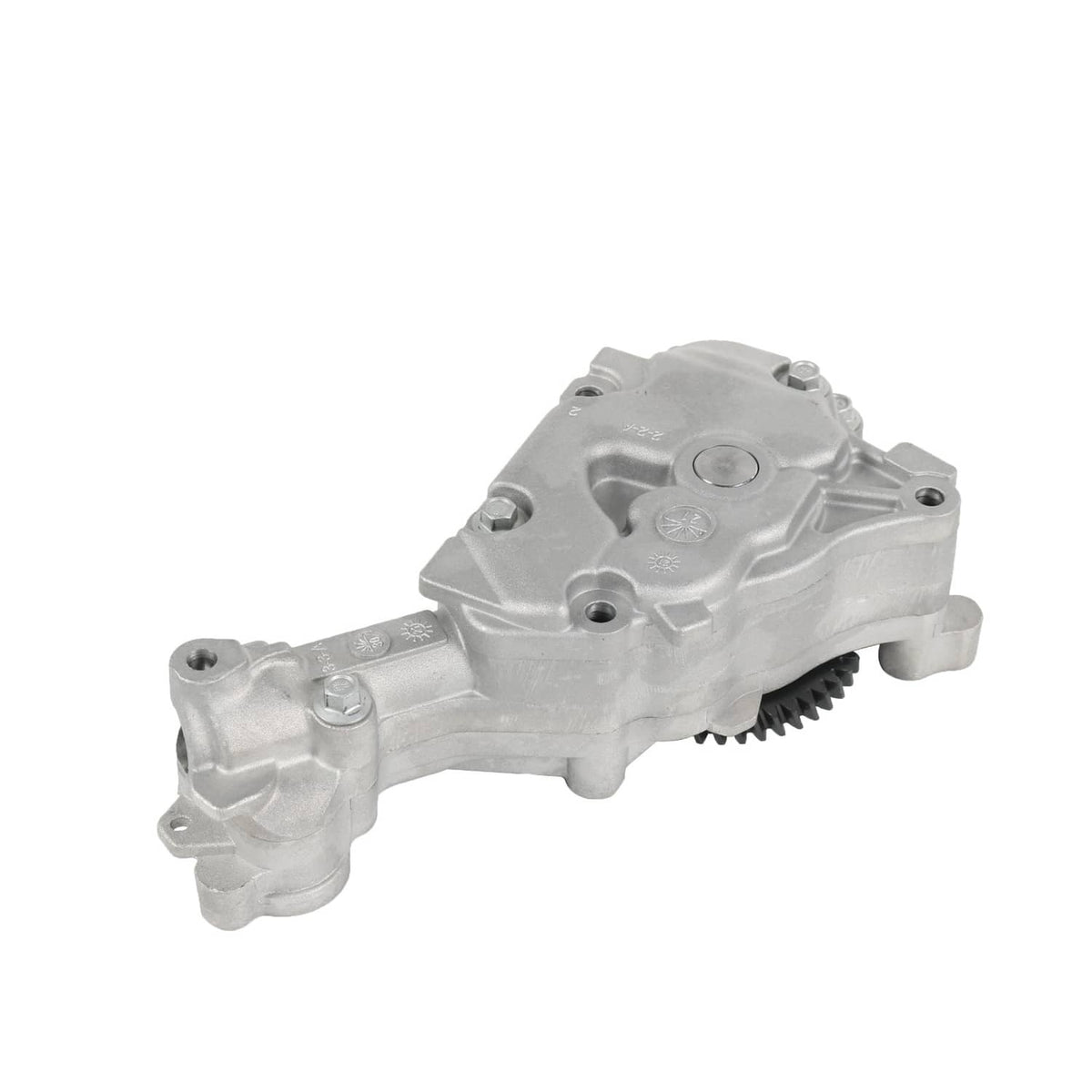 Engine oil pump assembly with black gear wheel edge visible and mounting flanges