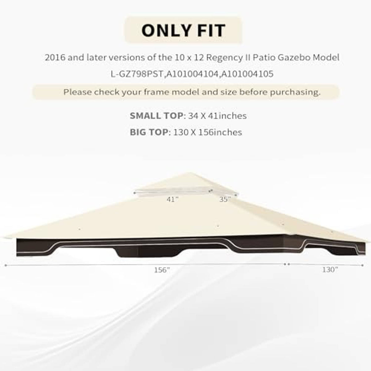 Beige 10x12 gazebo canopy top showing length and width measurement lines