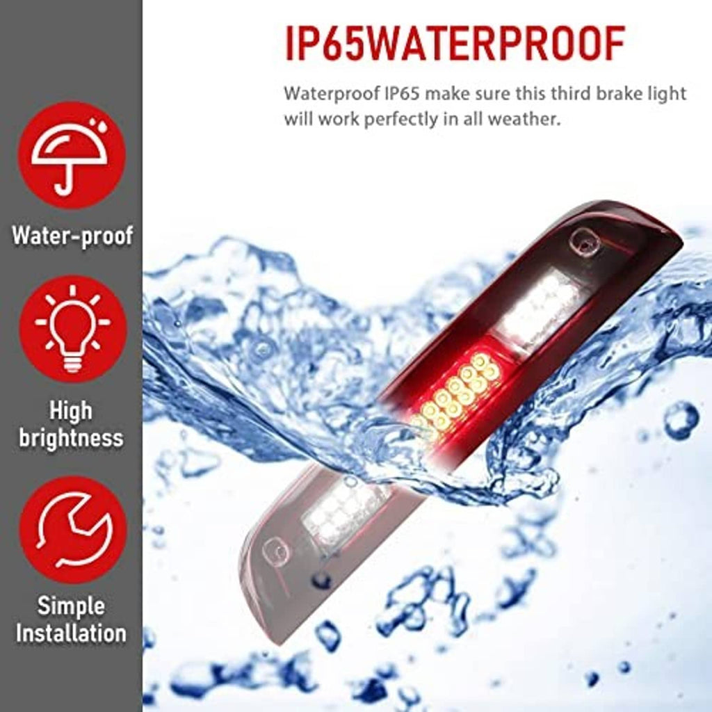LED third brake light with red lens and bright LED row, angled mount with water theme