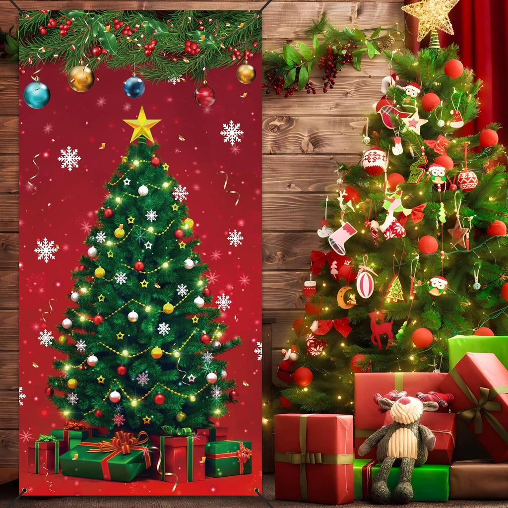 Tall red Christmas door cover with printed evergreen tree, star, ornaments, and snowflakes