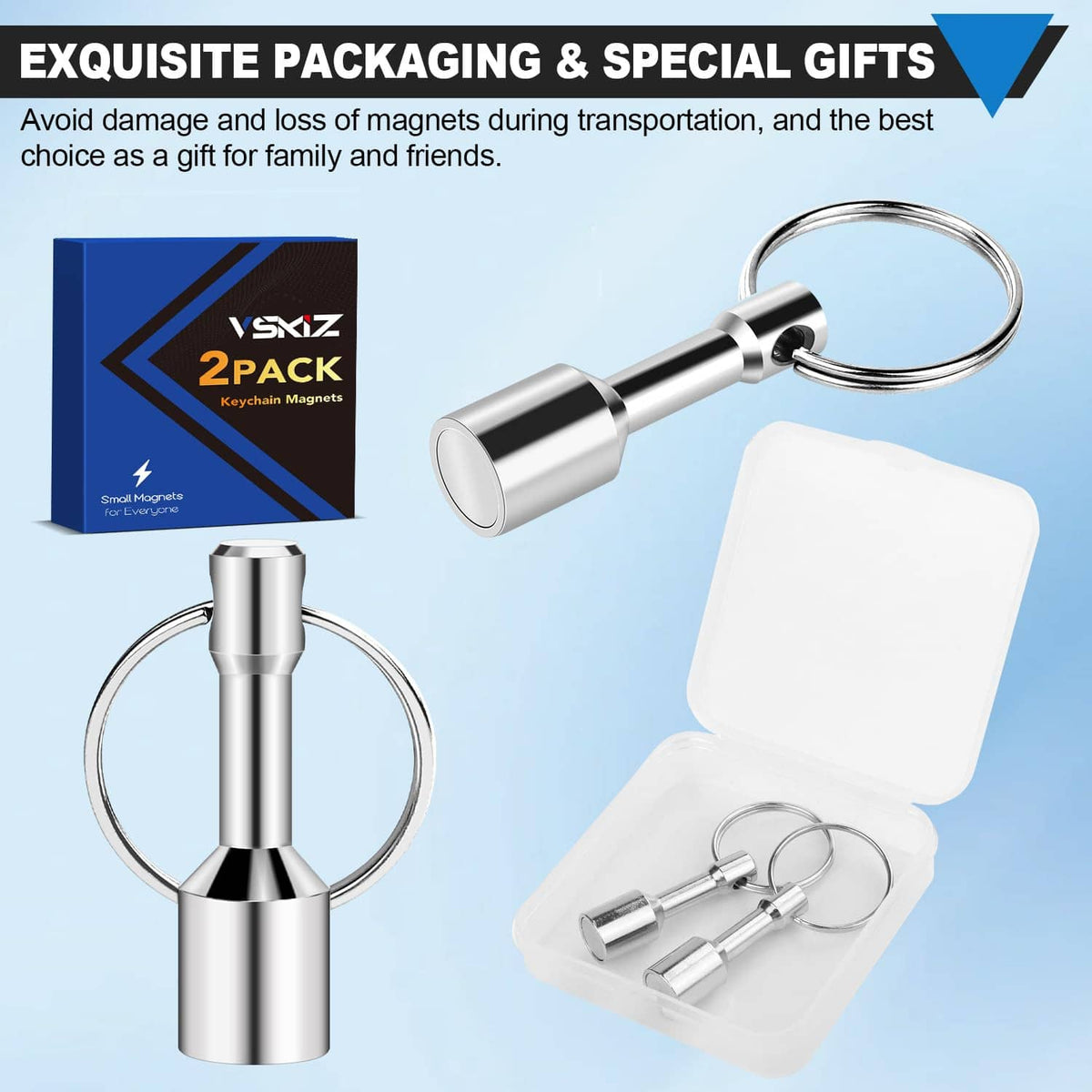 Stainless steel keychain magnet set with two cylinders, key rings, and gift box