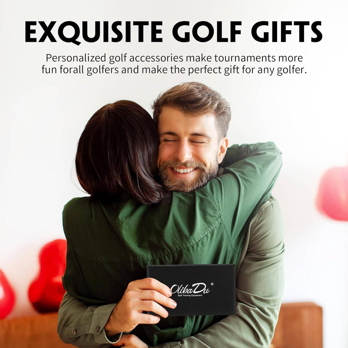 Black golf ball marker gift box held by a smiling couple