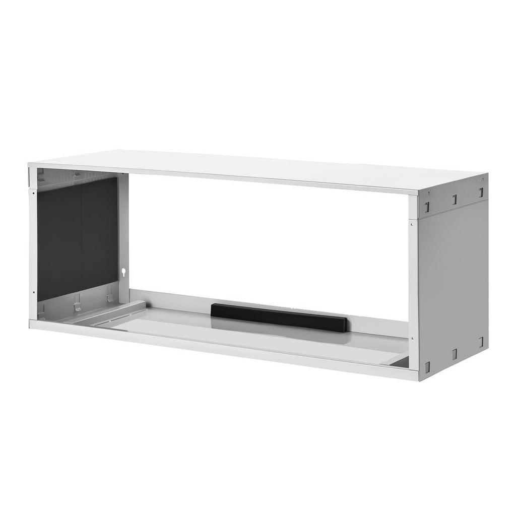 White through-the-wall AC sleeve frame with open sides and black bottom support