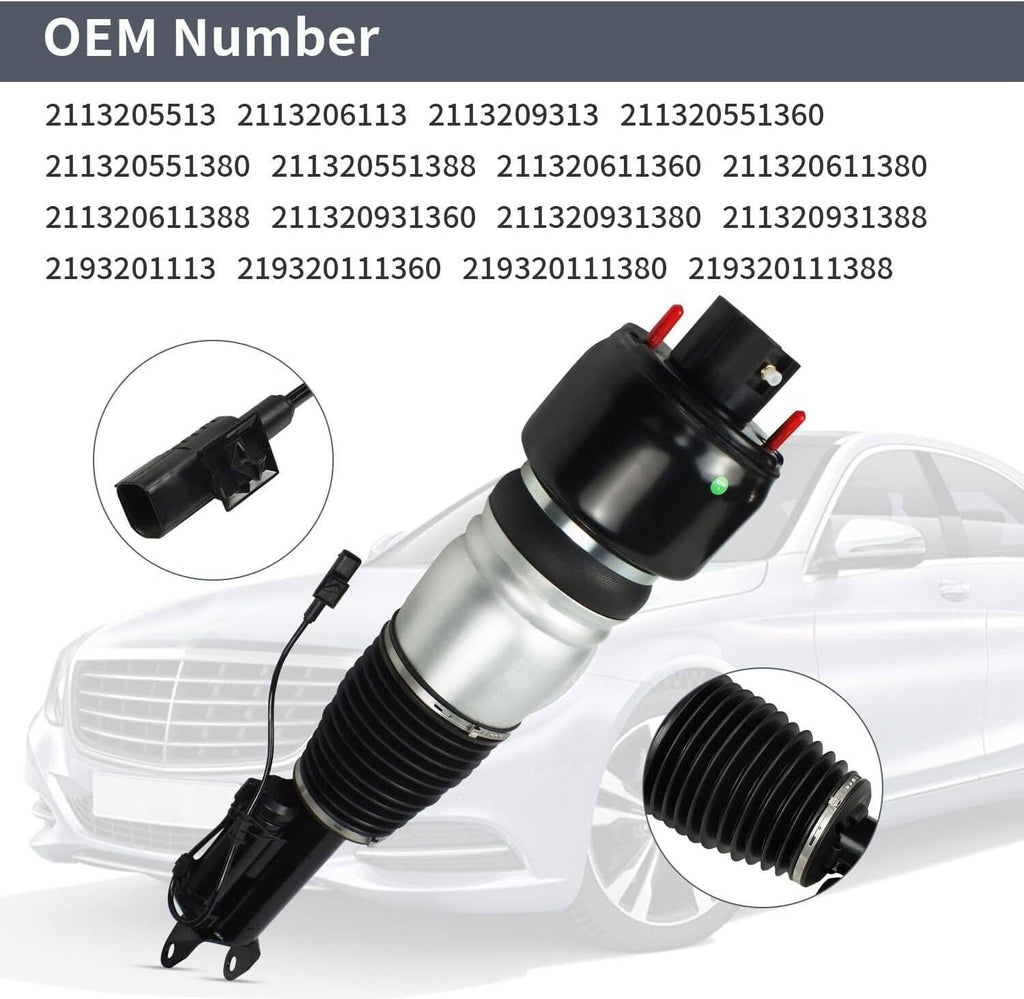 Air suspension strut for front left use with black top mount, silver body, and bellows