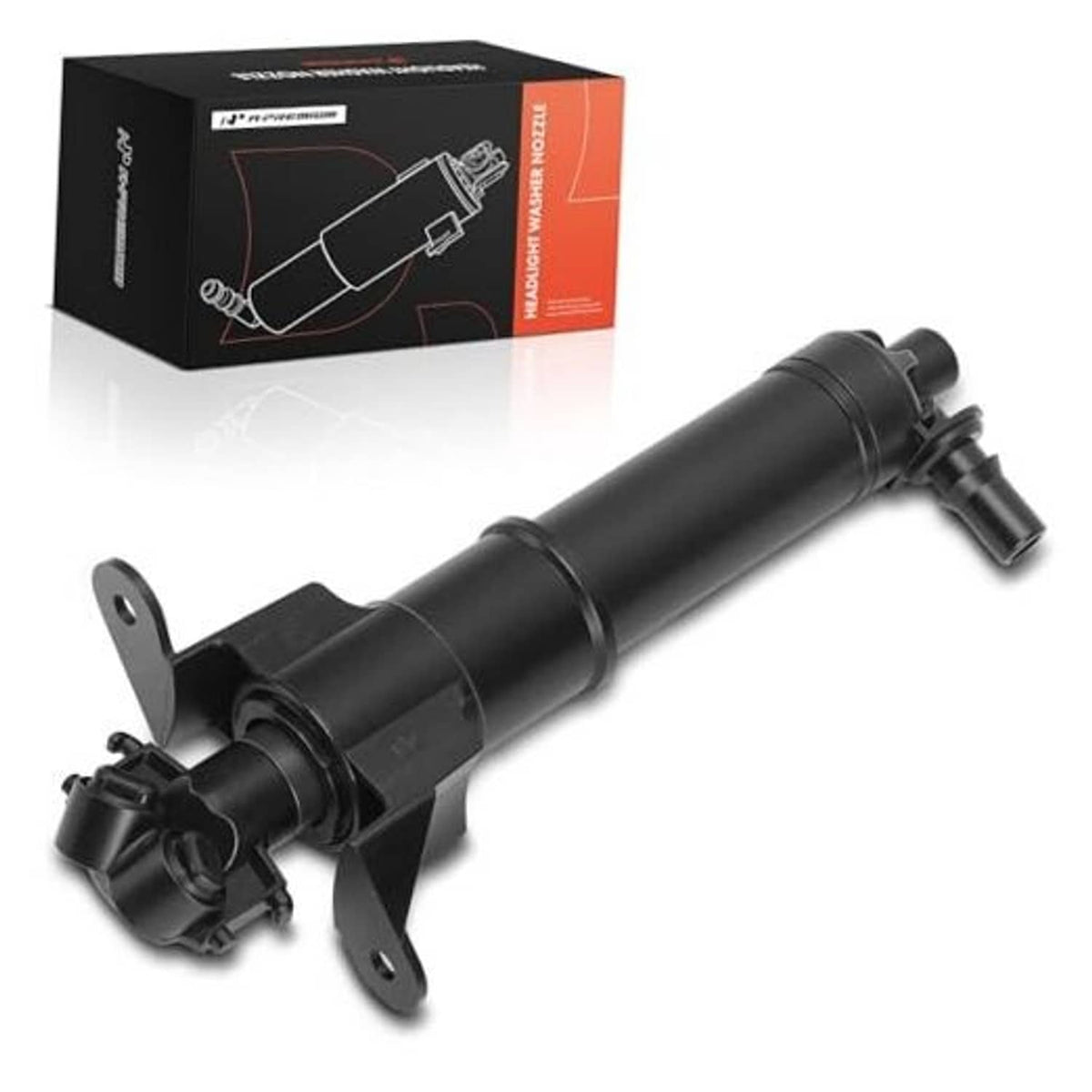 Front headlight washer nozzle assembly, black plastic with mounting bracket and outlet