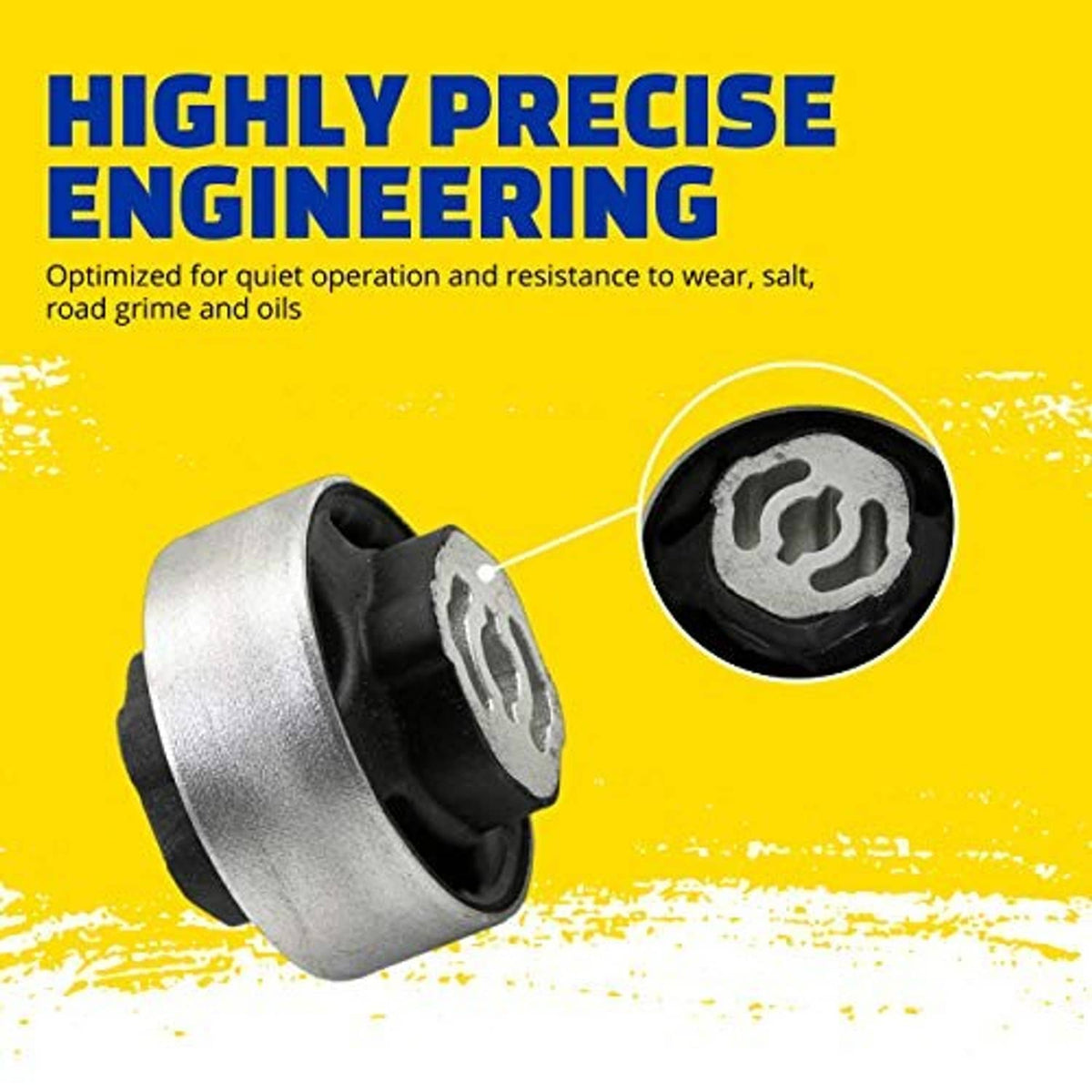 Suspension control arm bushing with grey metal sleeve and black rubber insert