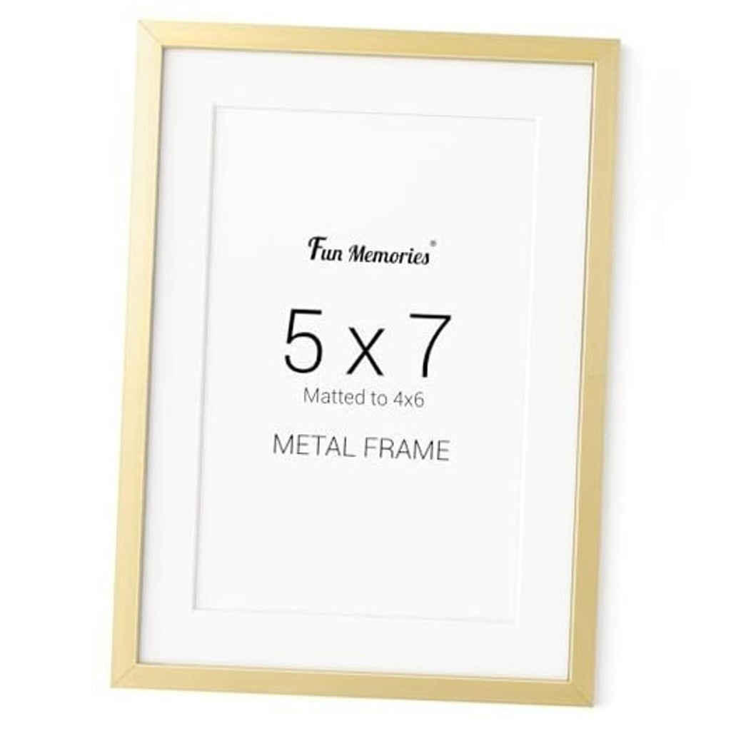 Gold 5x7 metal photo frame with white mat, front view