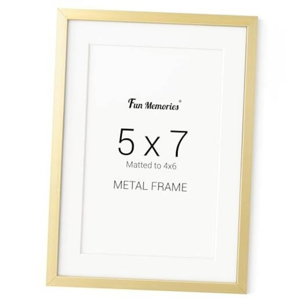 Gold 5x7 metal photo frame with white mat, front view
