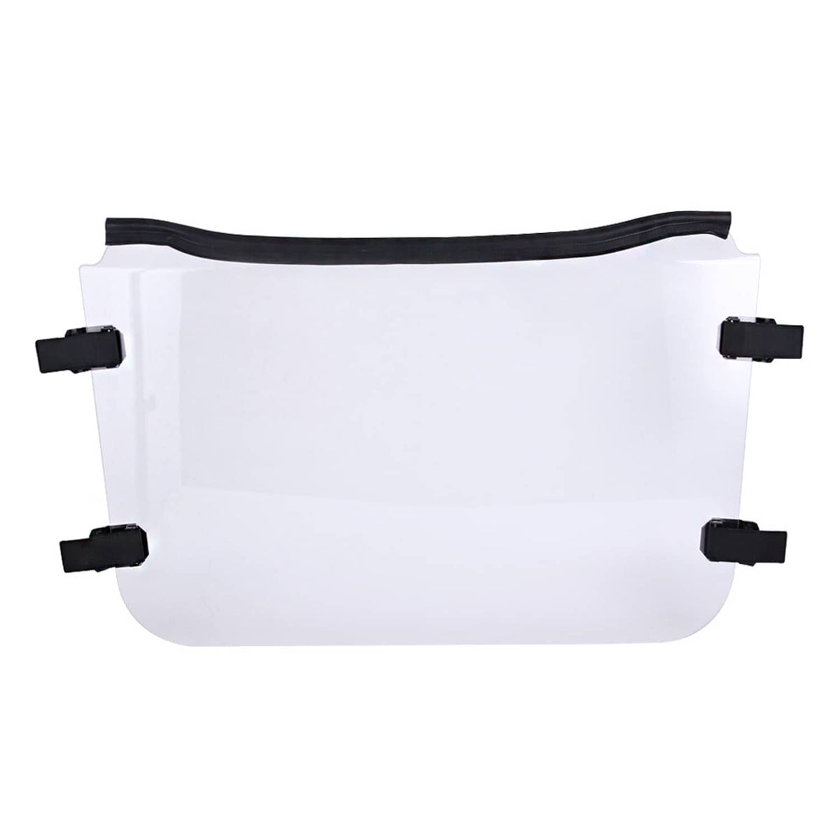 Full windshield panel with black mounting clips and curved black rubber edge seal