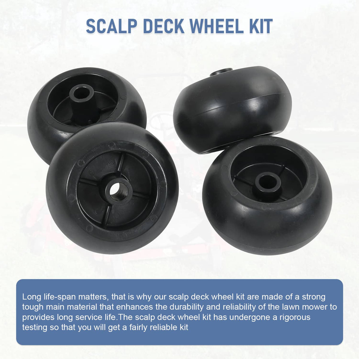 Scalp deck wheel kit with four black caster wheels and center hub