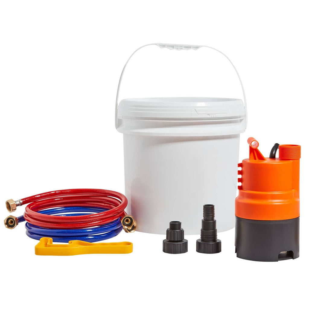 Tankless water heater flushing descale kit with white pail, orange pump, red/blue hoses