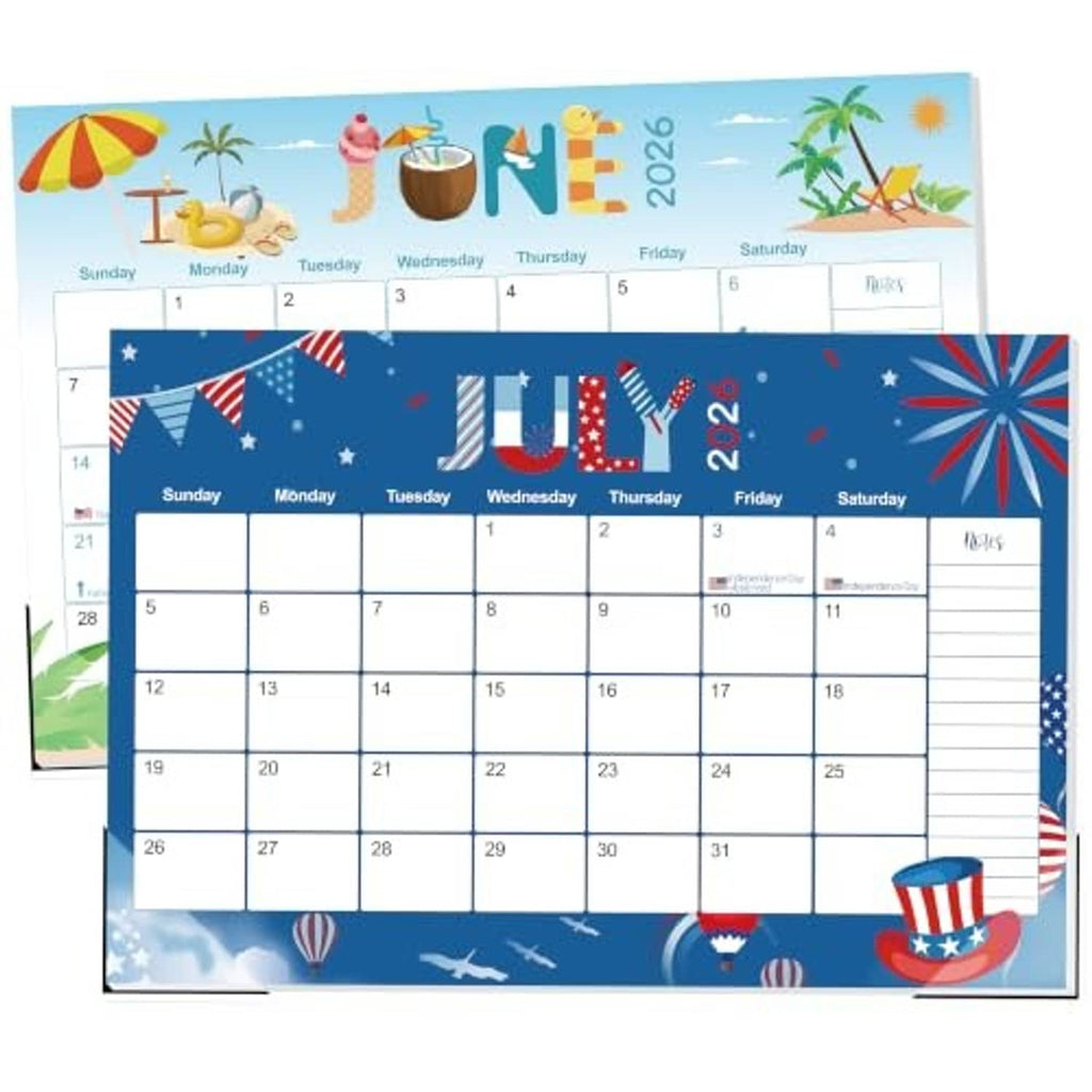 Blue 19-month desk calendar with July 2026 date grid and fireworks themed border