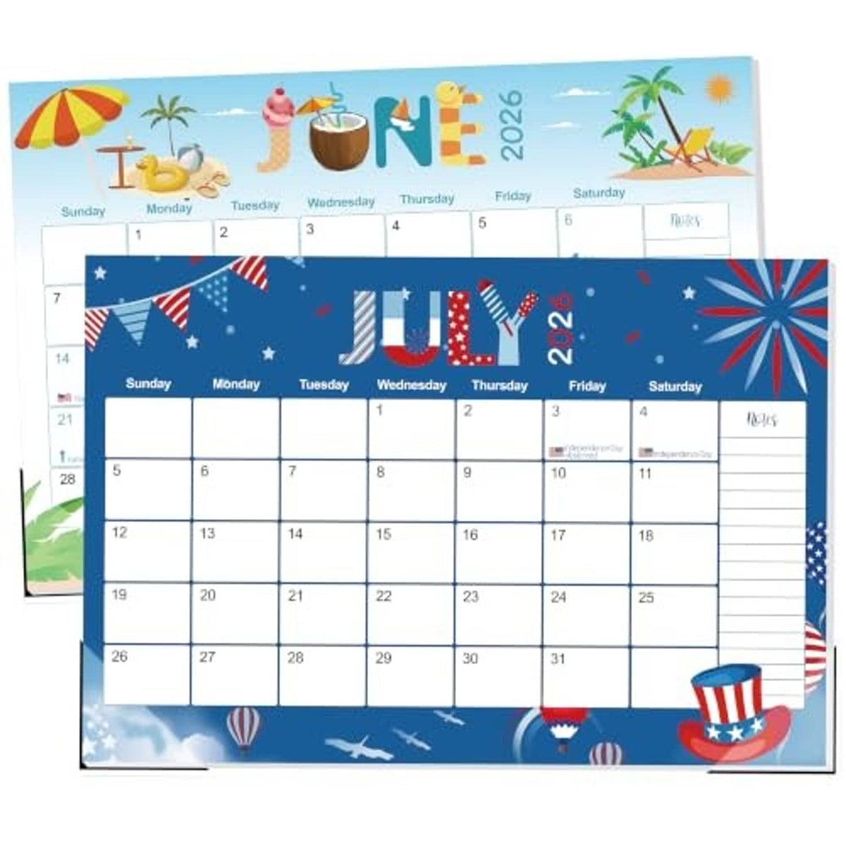 Blue 19-month desk calendar with July 2026 date grid and fireworks themed border