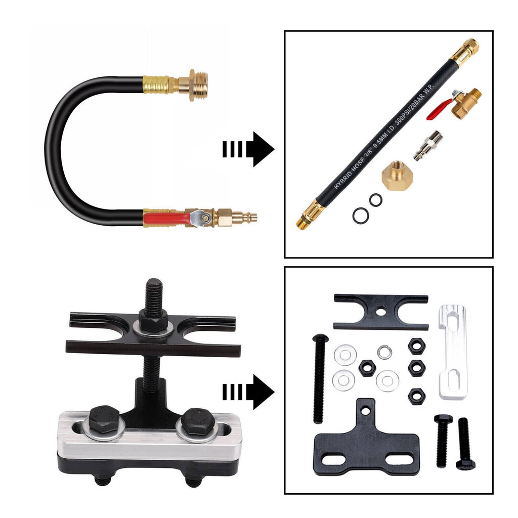 Valve spring compressor tool with threaded center bolt and air holding hose kit