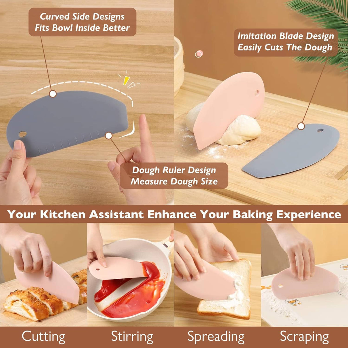 Copper bowl dough scraper tools with curved edge for cutting and stirring