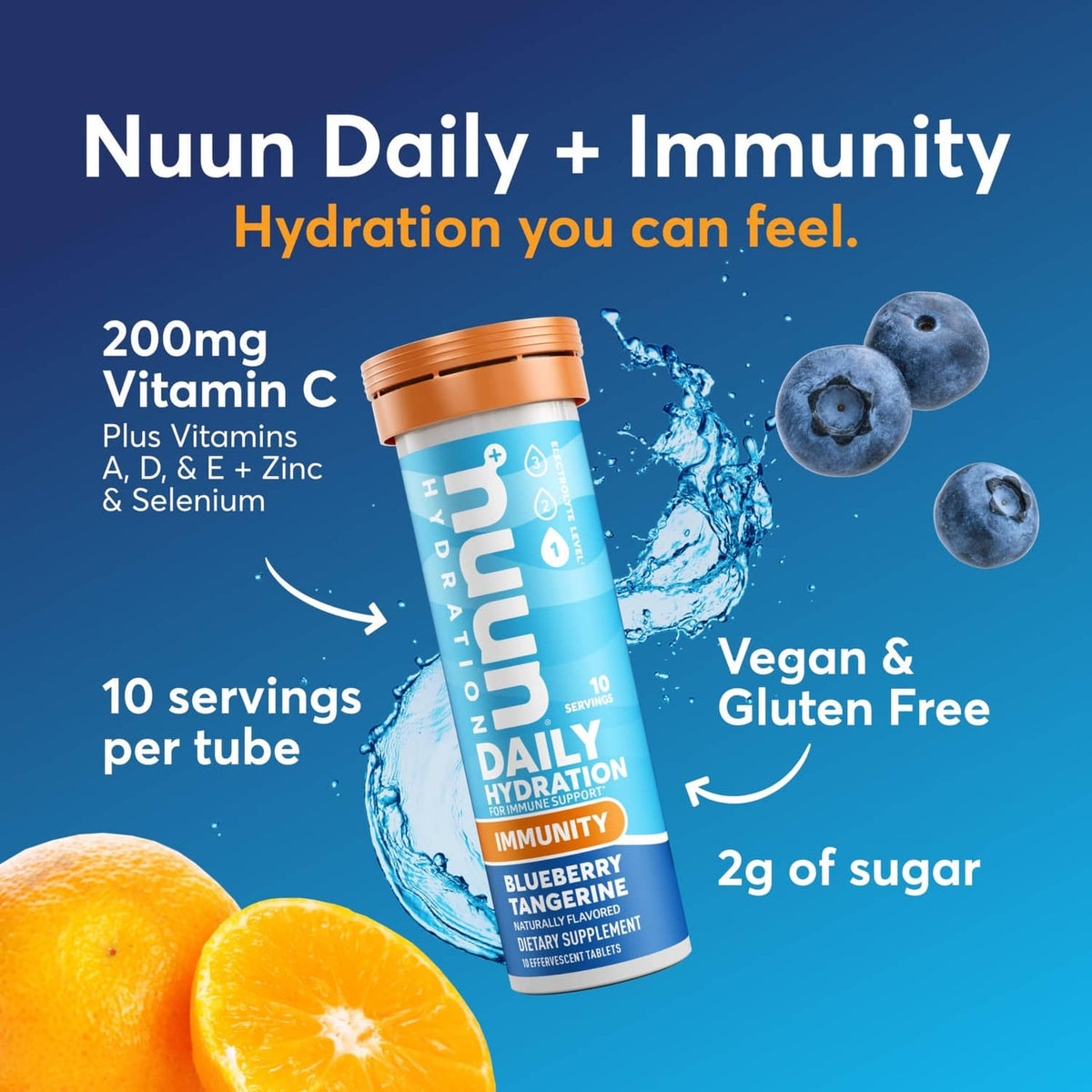 Nuun immunity electrolyte tablets tube, blue with orange cap, blueberry tangerine flavor