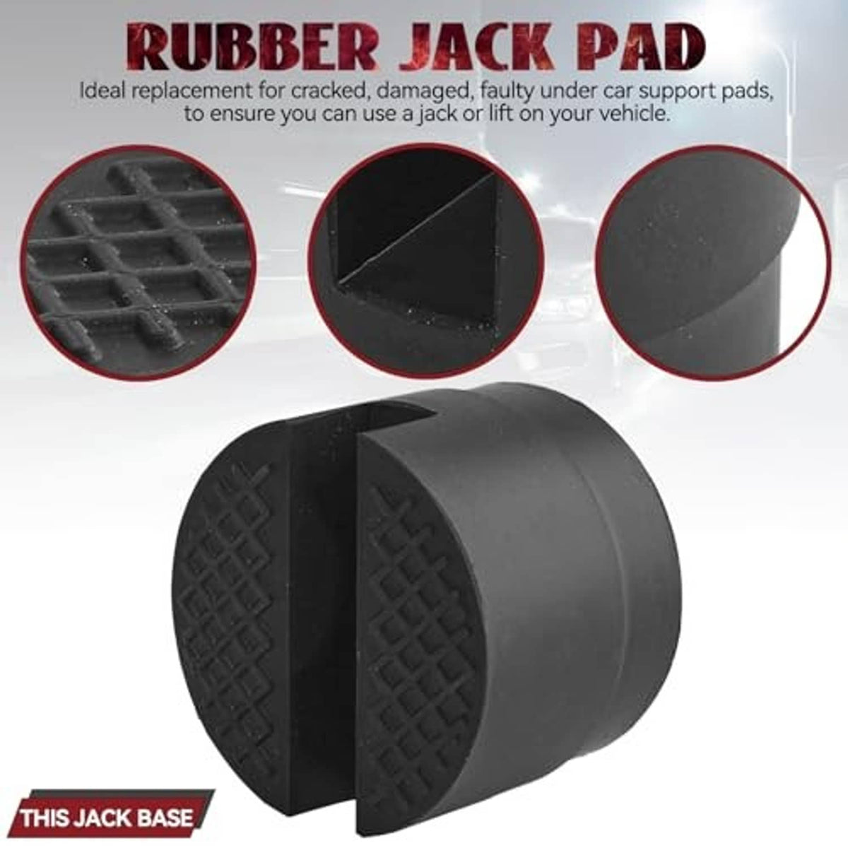 Black rubber jack pad adapter with two textured tread faces and central notch.