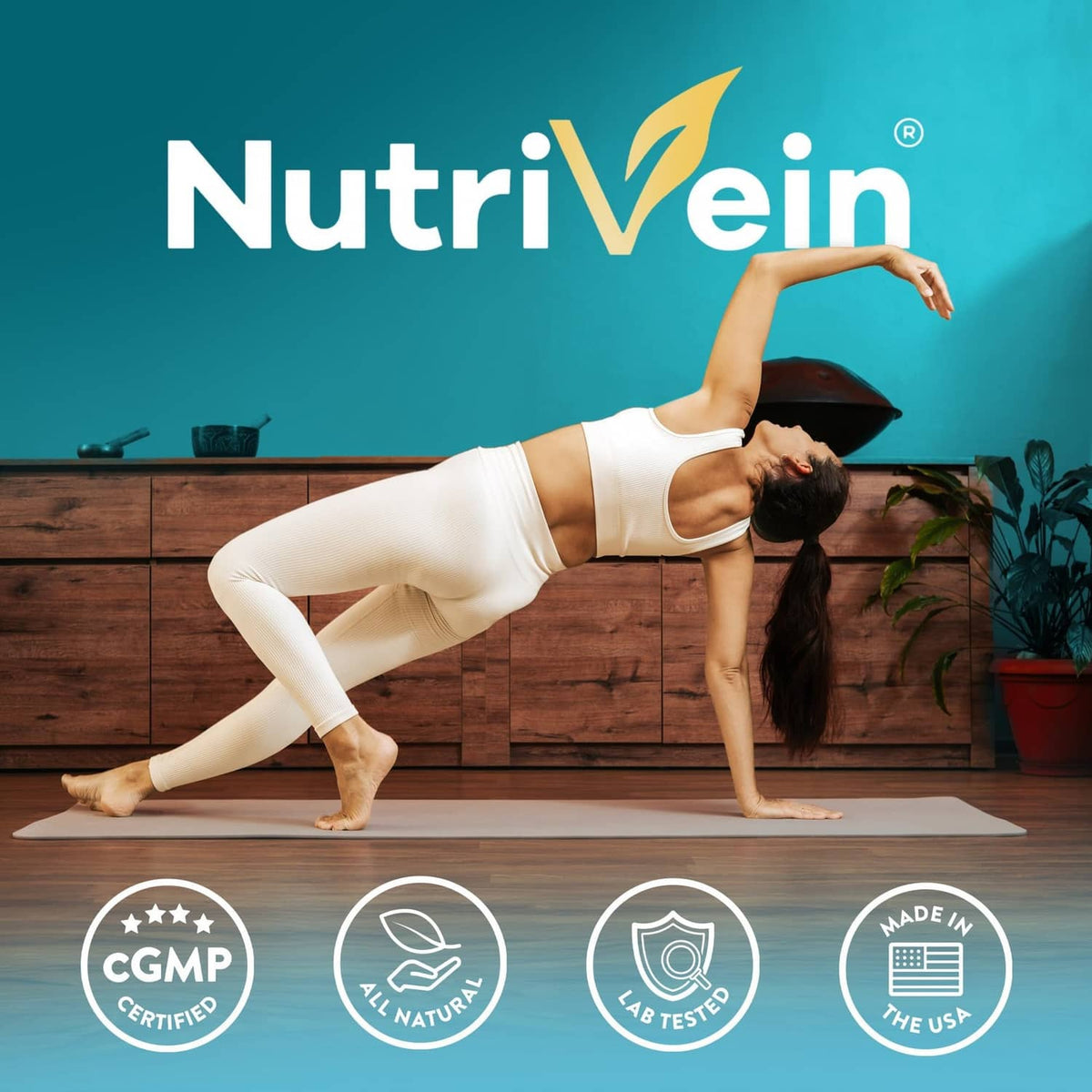 NutriVein Sea Moss supplement branding over yoga pose woman
