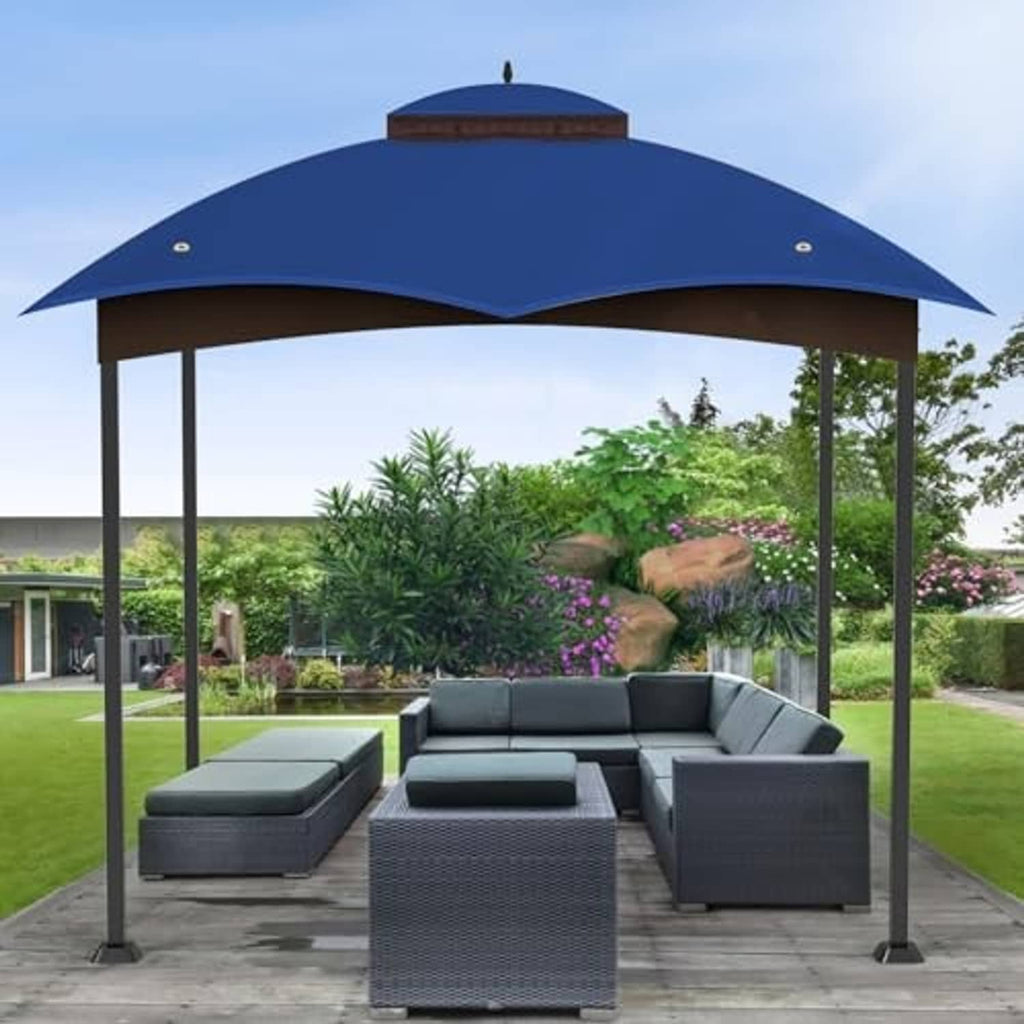 Blue gazebo canopy top cover with brown valance and four gray posts outdoors