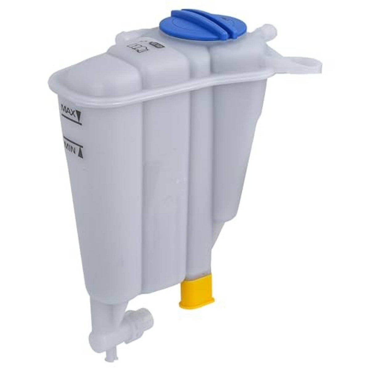 Engine coolant reservoir tank, white plastic with blue cap and yellow outlet port.