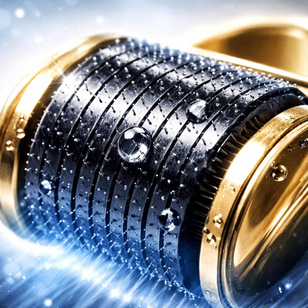 Close-up of black needle roller drum with gold derma roller handle