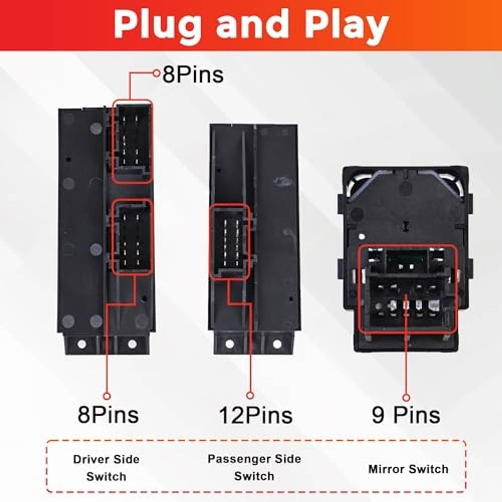 Switch plug pinout diagram showing 8-pin, 12-pin, and 9-pin connectors.