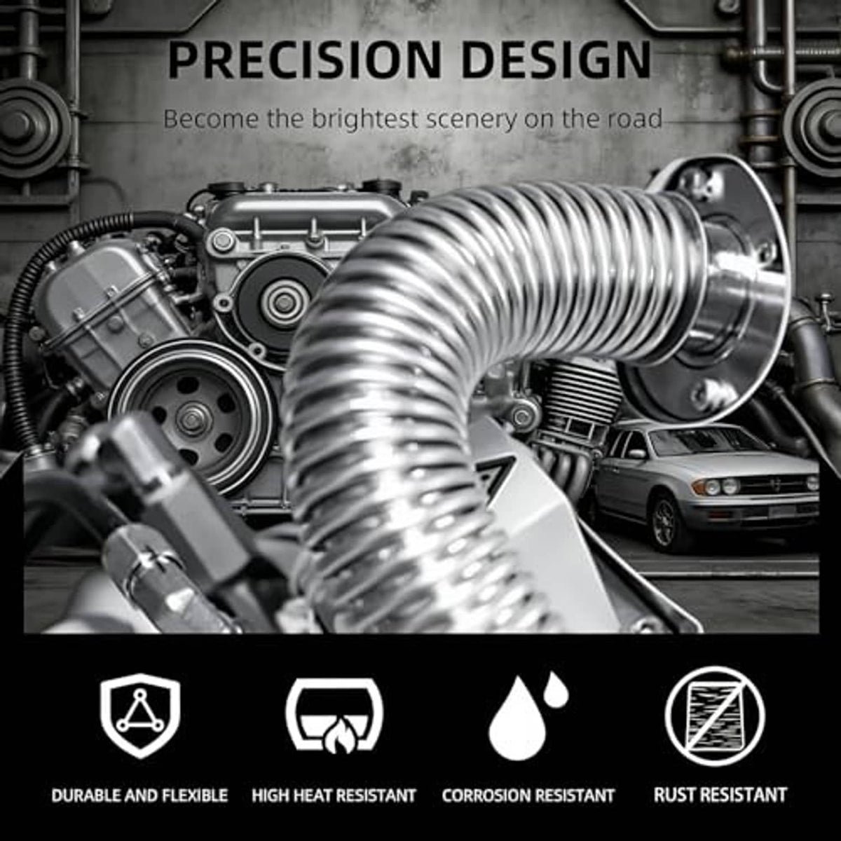 Flexible stainless steel exhaust pipe with corrugated coil and metal connection ends