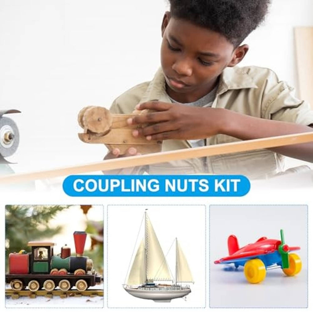 M4 coupling nuts kit with threaded rods shown connecting wooden pieces