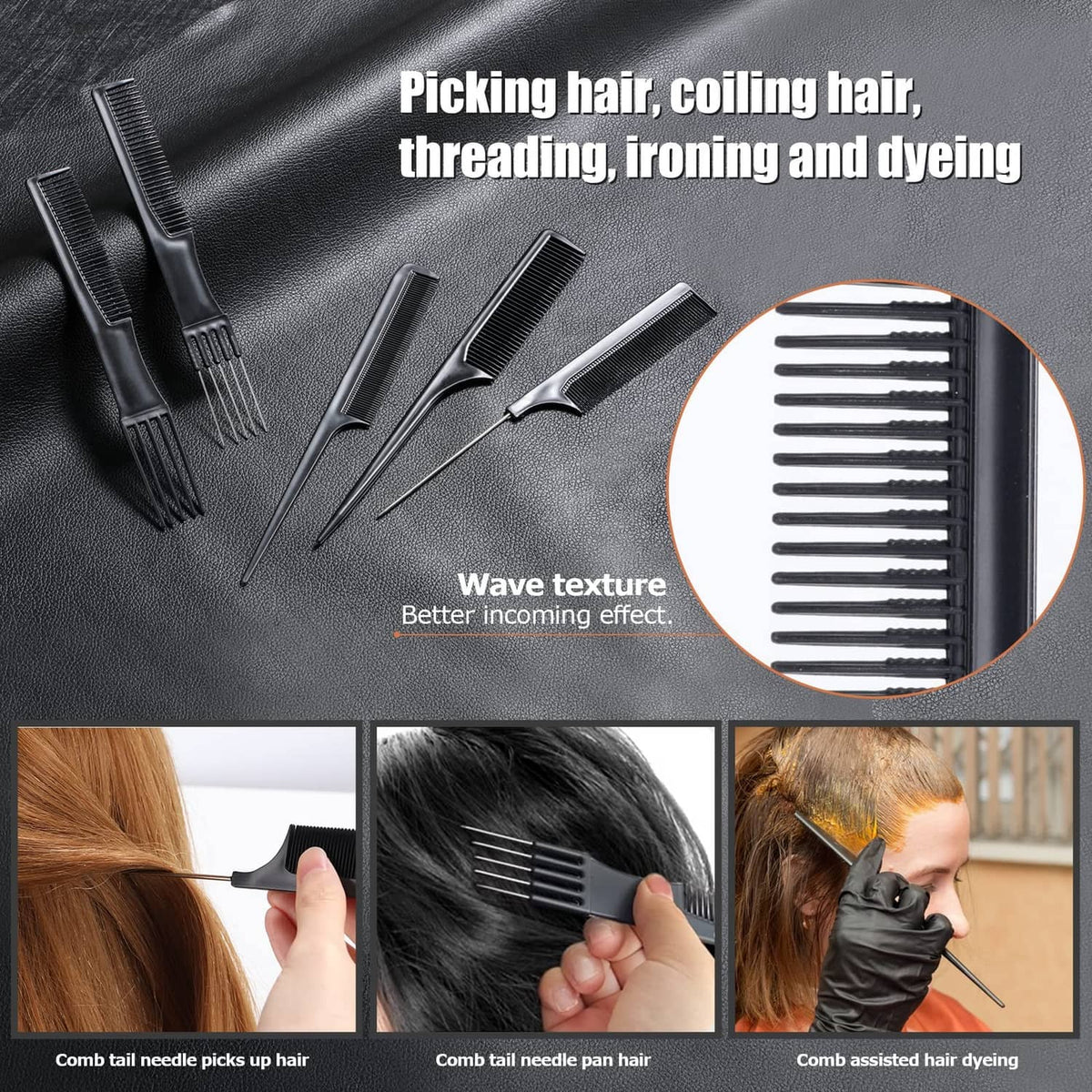 Black hair combs with fine teeth and needle points for threading and detailing