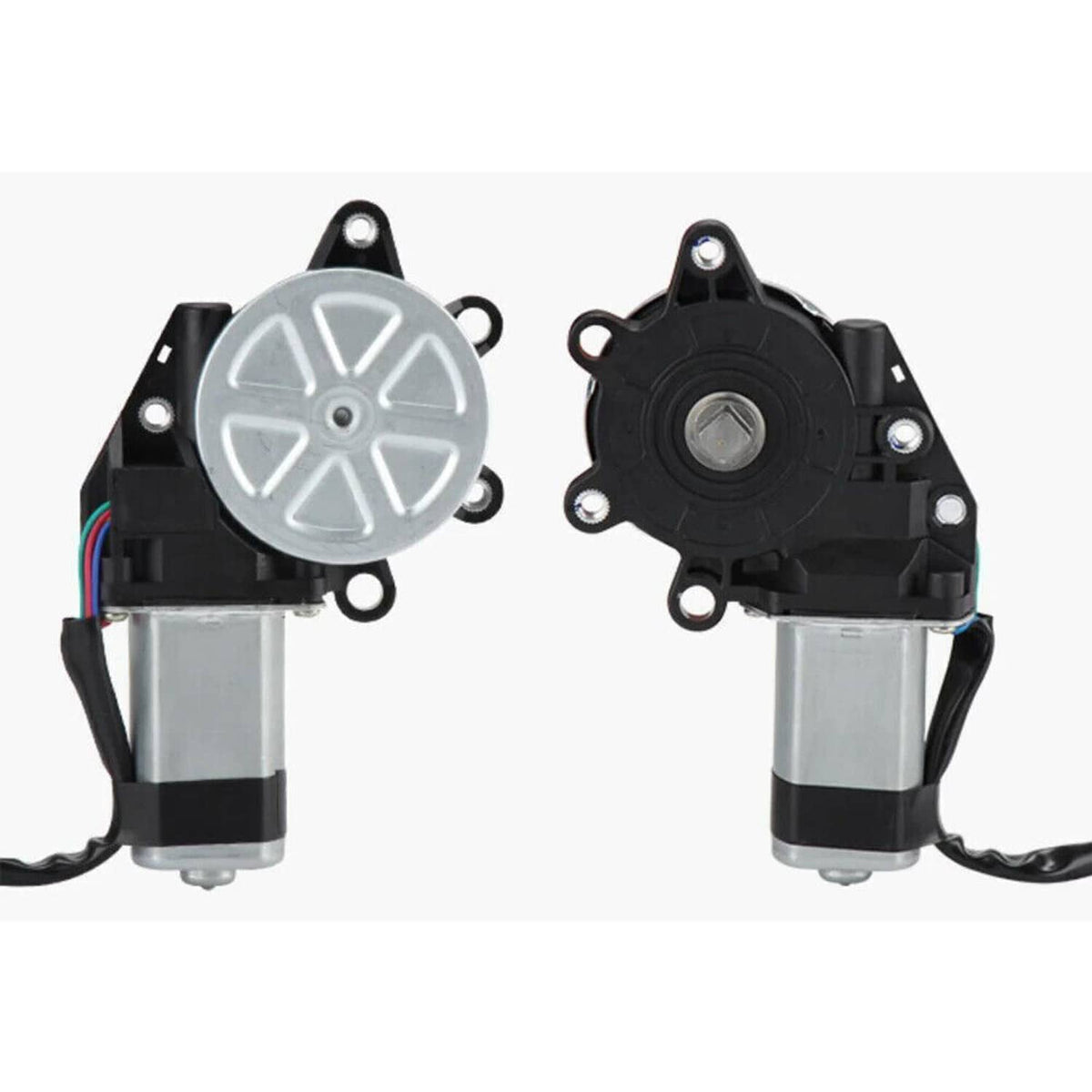 Power window lift motor pair view: gray and black circular actuator housings