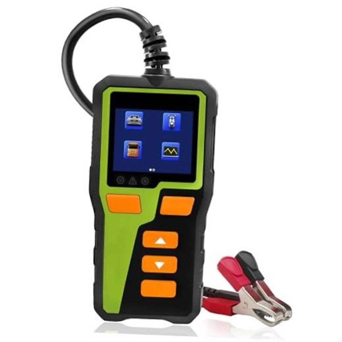12V car battery tester with screen display and red battery clamps