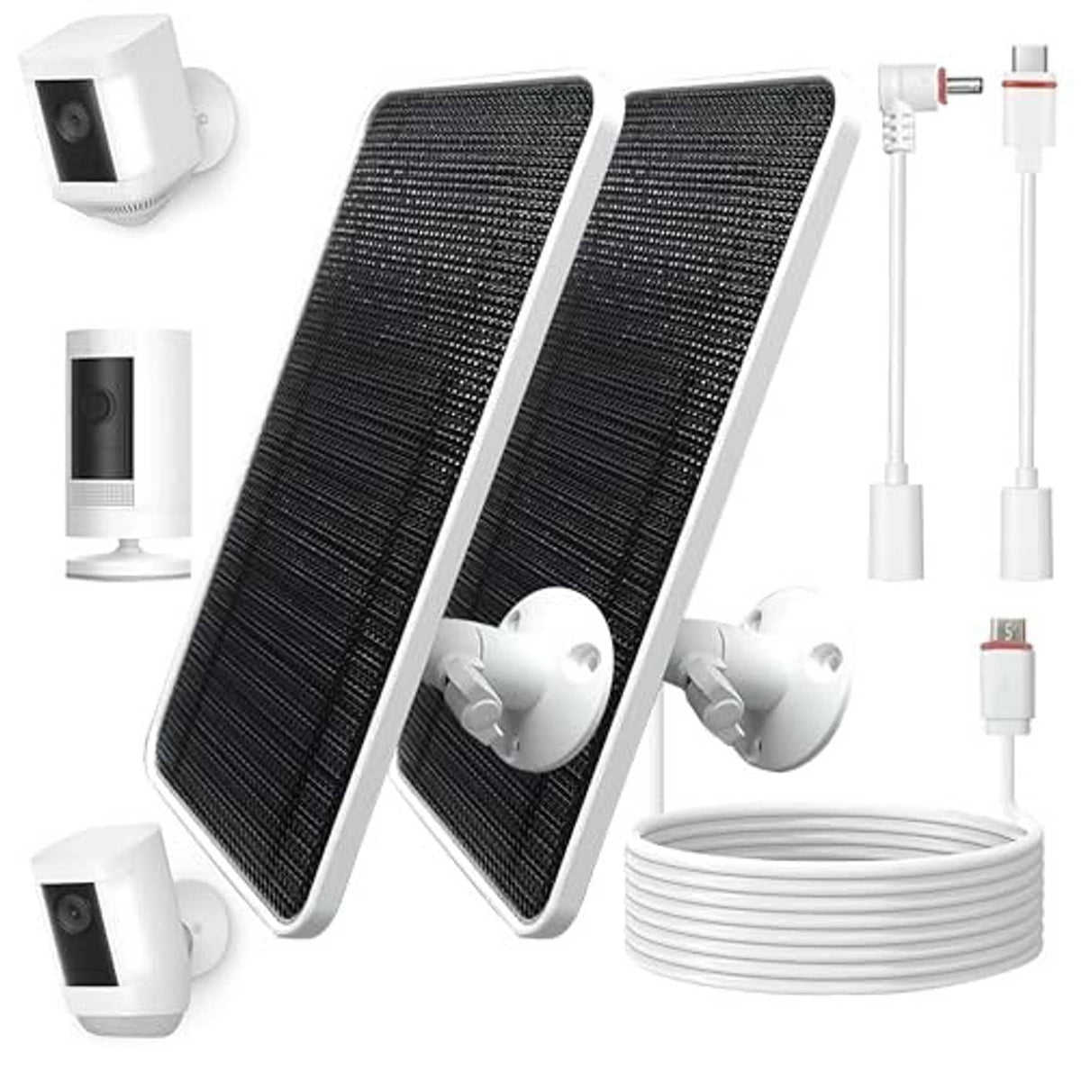 Two black solar panels with white mounts, long cable leads, and coiled charging wire