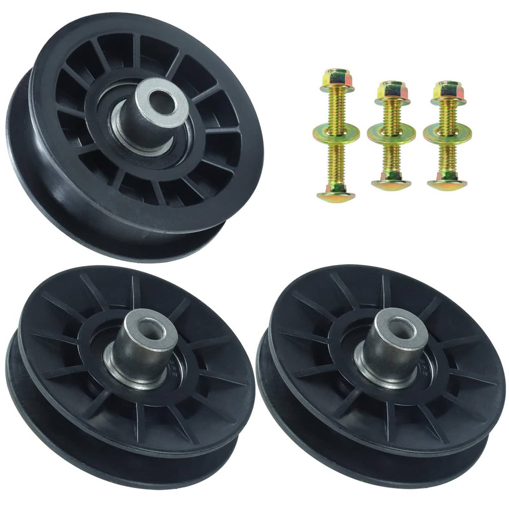 2 pack idler pulleys with screws and metal center hubs, black plastic wheels