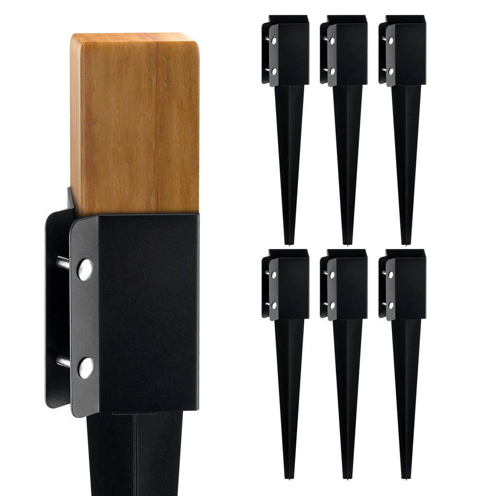Set of six black metal ground spikes with fence post mounting brackets