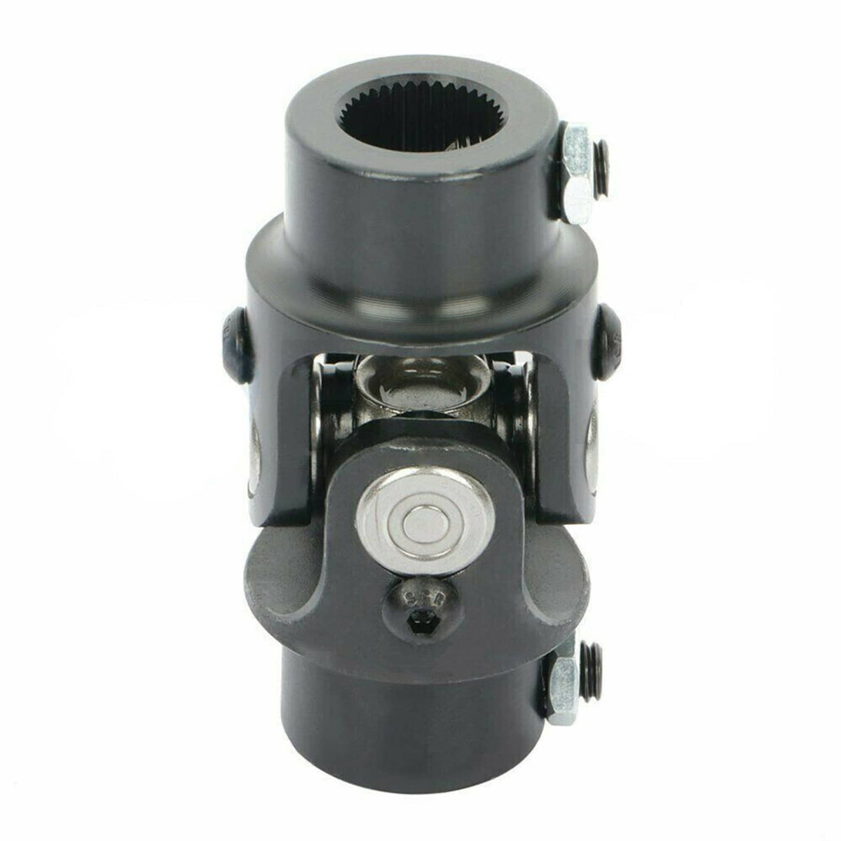 Black universal steering single U-joint shaft with splined end and central mounting plate