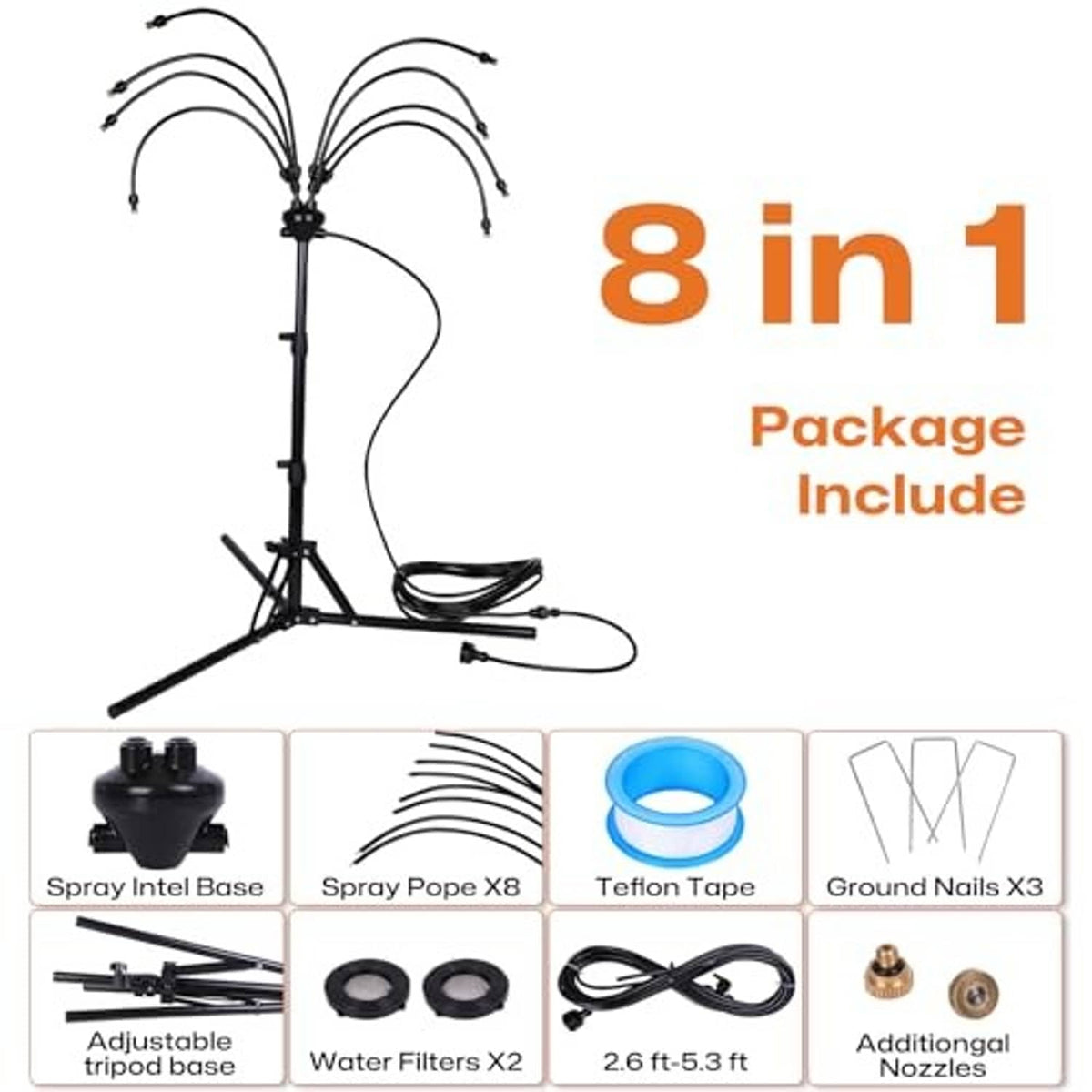 8-in-1 outdoor misting system kit with tripod base and multiple nozzle hoses