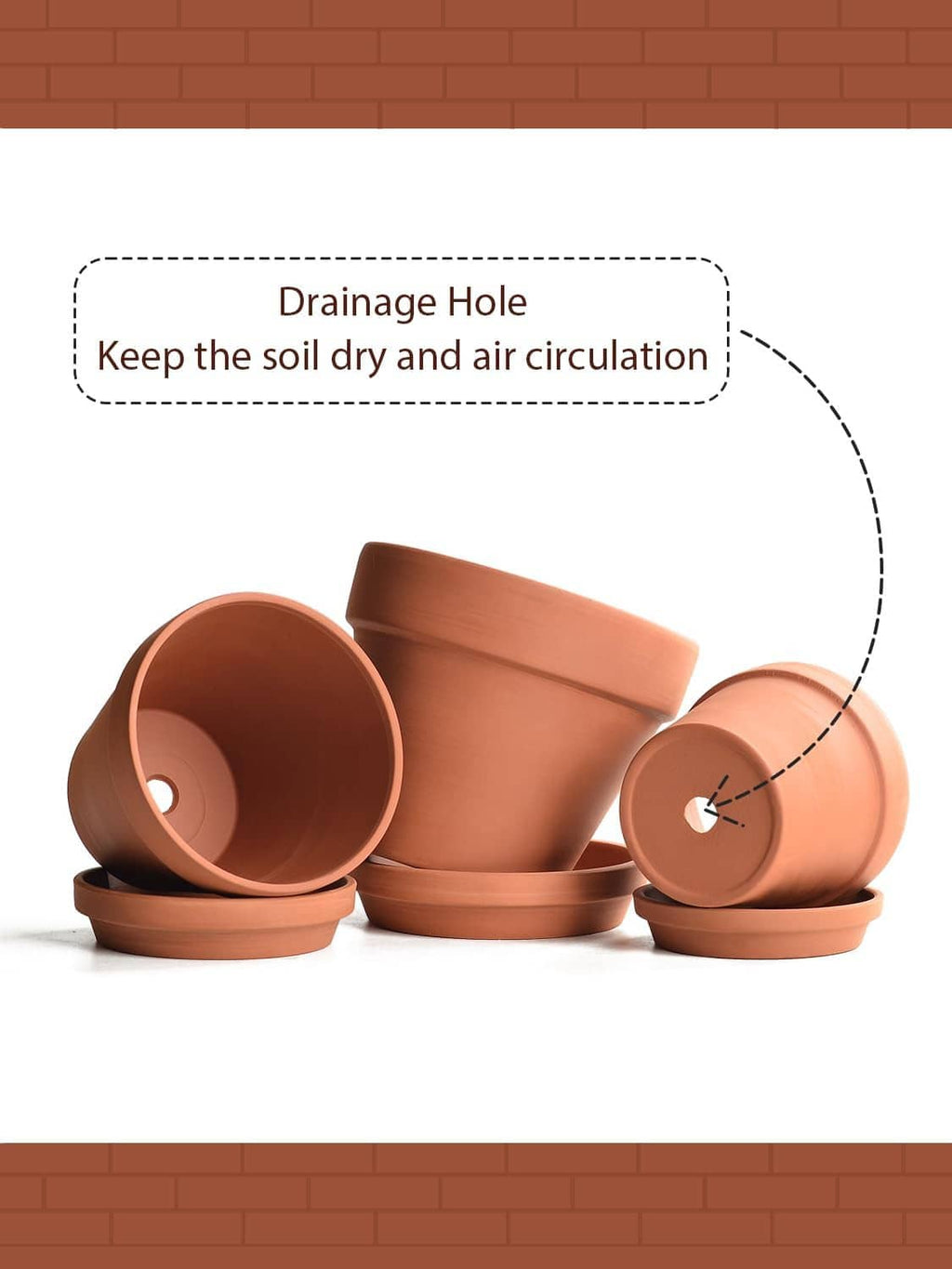 Terracotta ceramic plant pots with saucers, drainage hole detail and matching base