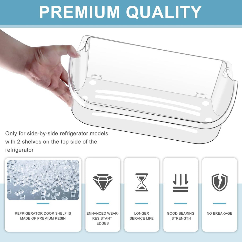 Hand holding clear refrigerator door bin with side clips and frosted non-slip base.
