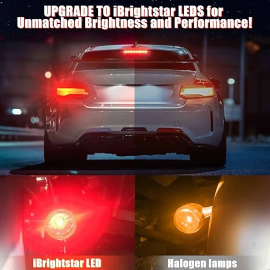Car rear brake lights glowing red, with close-up views of bright LED bulb filaments