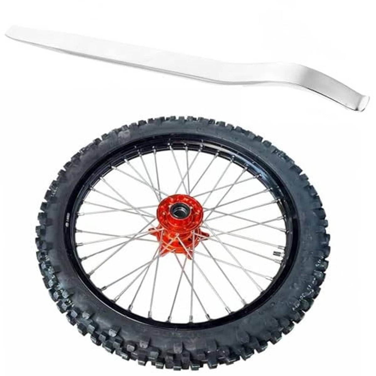 Curved chrome tire lever tool with motorcycle wheel and knobby tire
