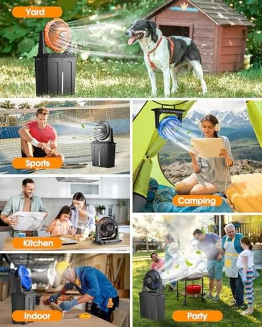 Black portable misting fan showing mist use in yard, sports, camping, kitchen, and party