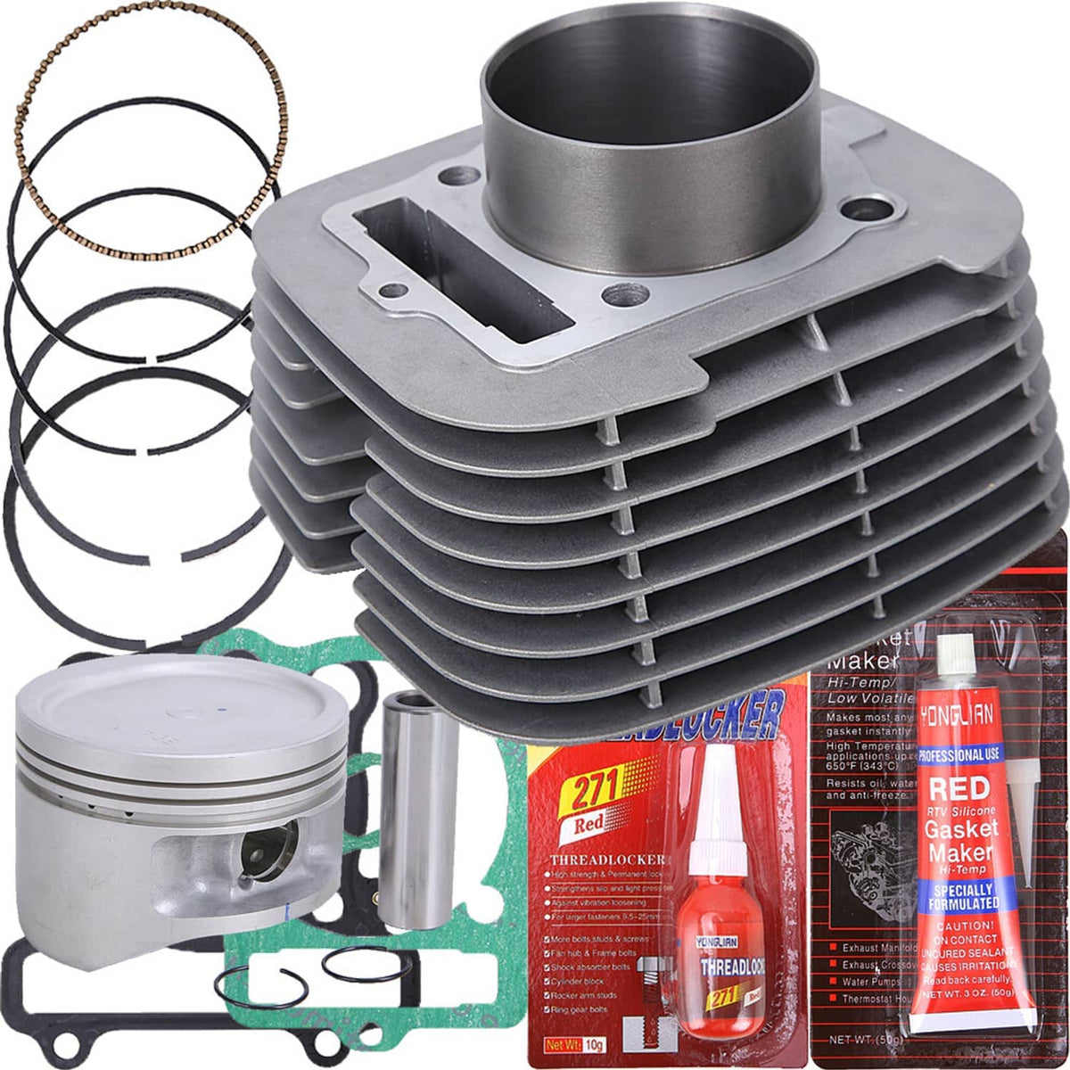 Motorcycle cylinder and piston top end kit with gaskets, rings, and connecting parts