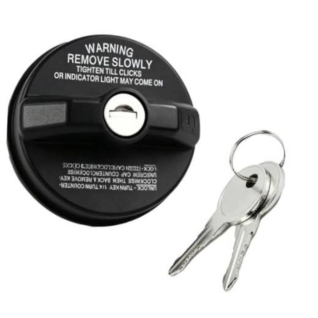 Locking fuel gas cap with keys, black circular cap and metal key set