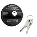 Locking fuel gas cap with keys, black circular cap and metal key set