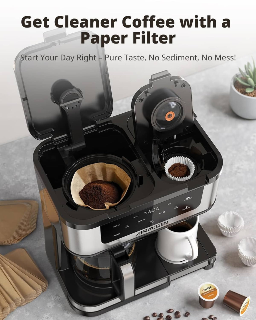 AIRMSEN dual coffee maker open brew chamber with filter parts and glass carafe