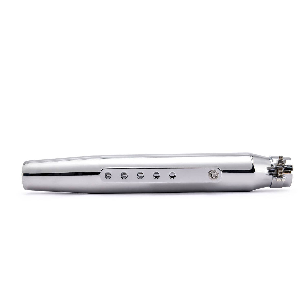 Chrome motorcycle exhaust muffler side view with heat shield holes and clamp end