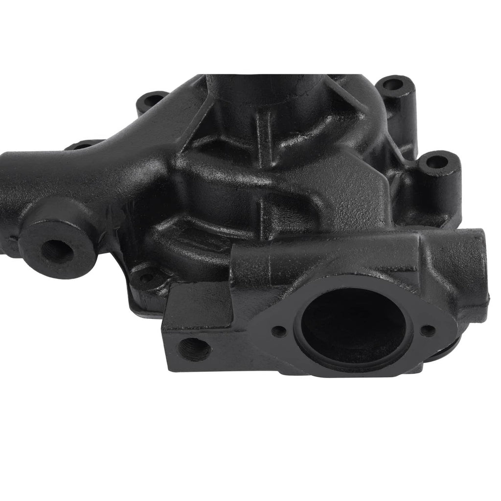 Water pump body with molded black housing and circular outlet opening