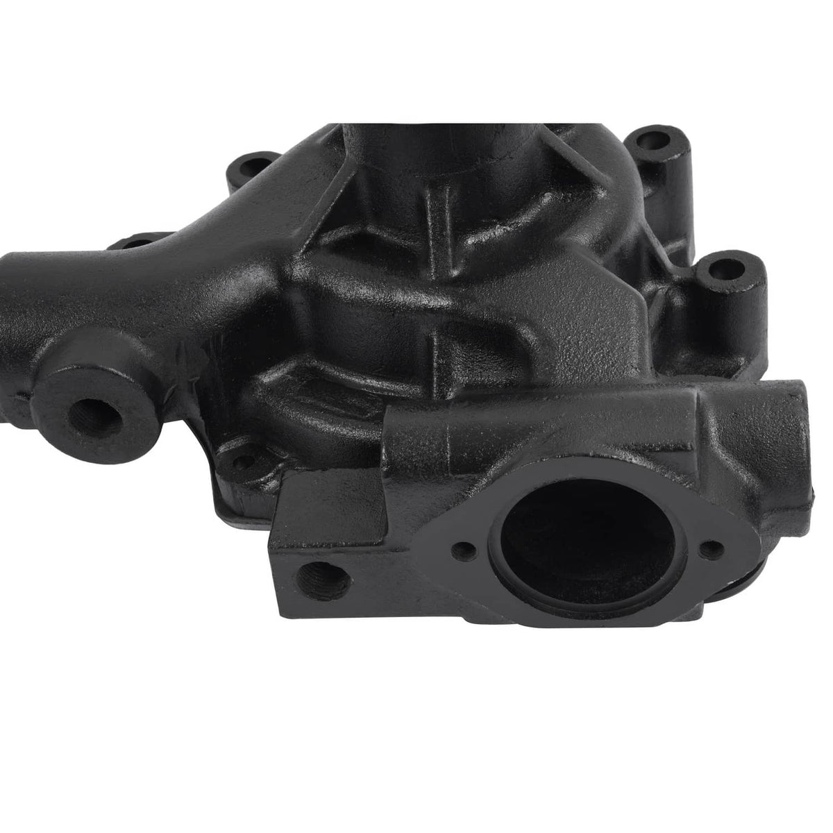 Water pump body with molded black housing and circular outlet opening