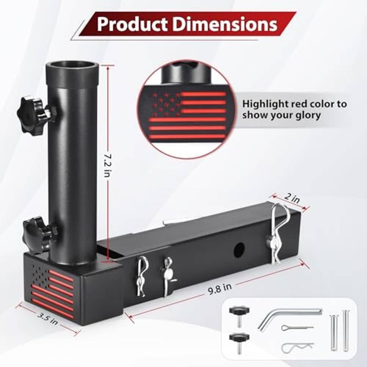 Black hitch-mounted flagpole receiver base with upright tube and red vent detail